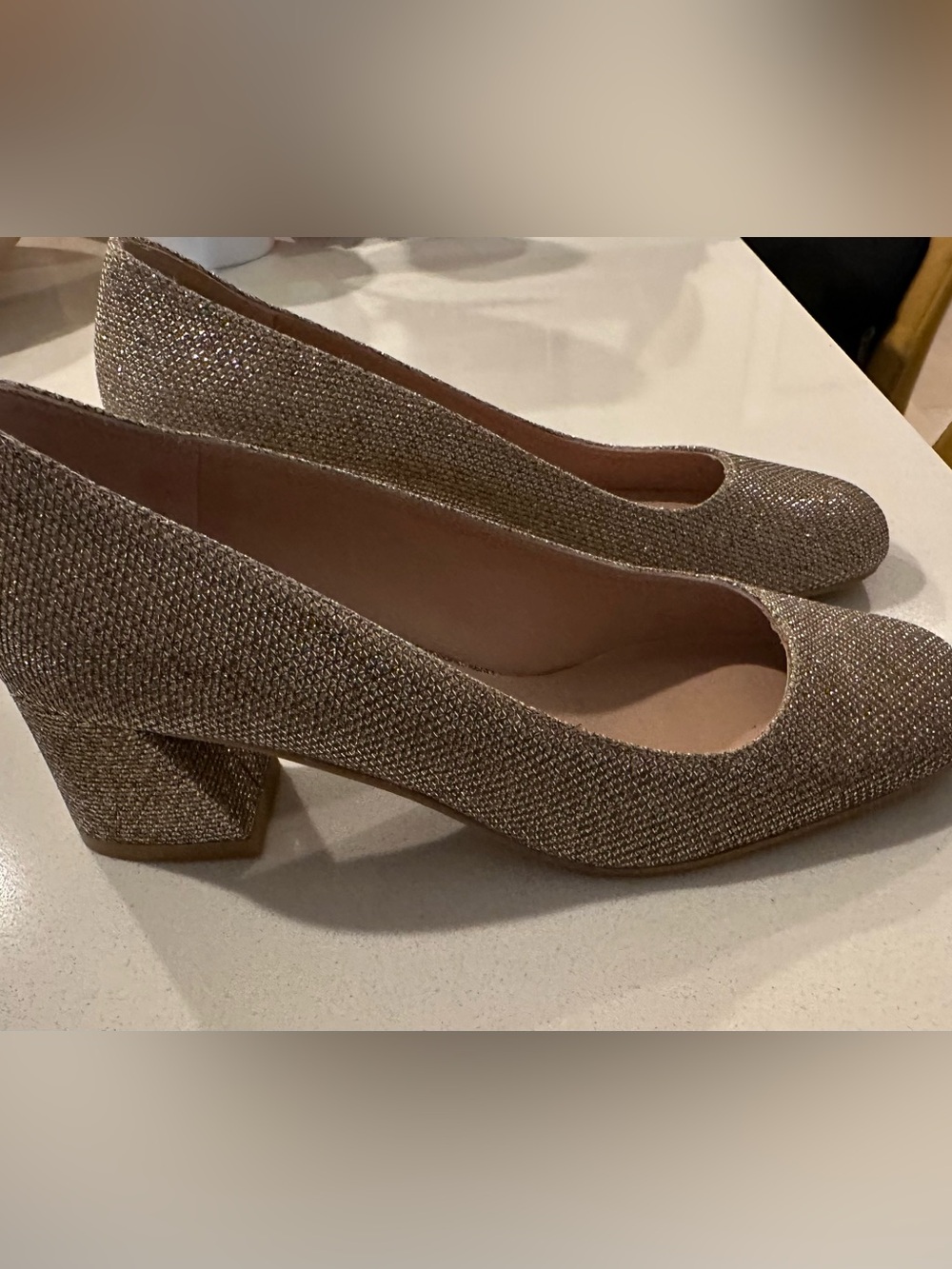 Stuart Weitzman Glitter Block Heel Pumps in Shimmery Gold